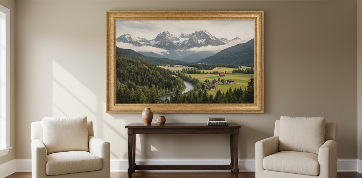 peux tu générer une photo d'un paysage acroche sur un mur vu de loin